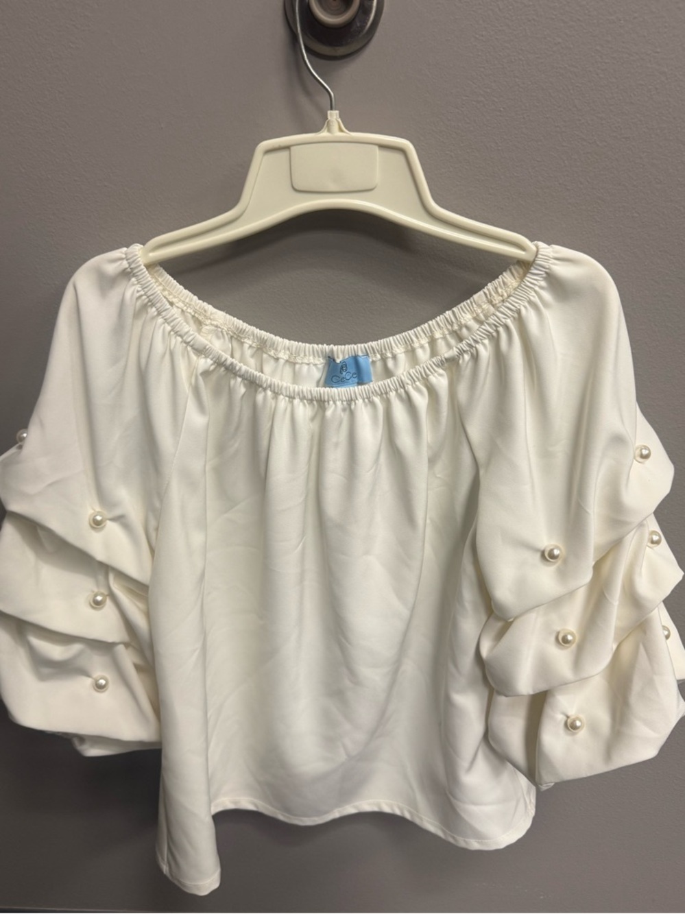 Cece Pearl Embellished Off Shoulder Puffy Sleeve Blouse Ivory Top Size Small